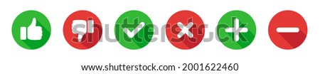 Thumb up and down. Checkmark and cross. Plus minus icon. Design element collection on white background. Vector illustration. EPS 10.