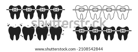 Braces on teeth. Tooth sillhouette icon set. Tooth with braces. EPS 10. 