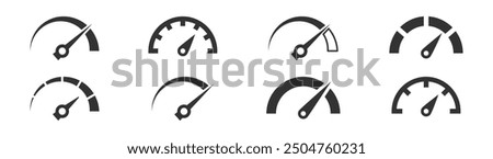 Set of speedometer, tachometer icons. Dashboard speedometer icons. Performance indicator sign. Vector illustration.