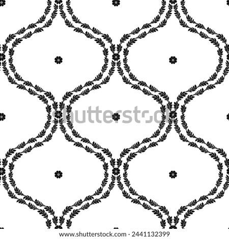Seamless pattern with black floral ogee geometrical motifs on a white background. Monochrome classic abstract repeat wallpaper.
