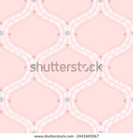 Seamless pattern with white floral ogee geometrical motifs on a pastel pink background. Minimalist classic abstract repeat wallpaper.