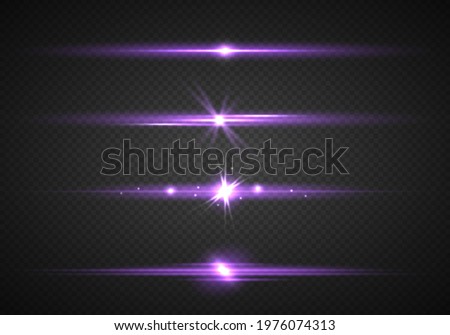 Purple horizontal lens flares pack. Glowing purple, pink light effects isolated on transparent background. Laser beams, light rays. Set of abstract lens flares, glowing stars and sparkles. Vector.