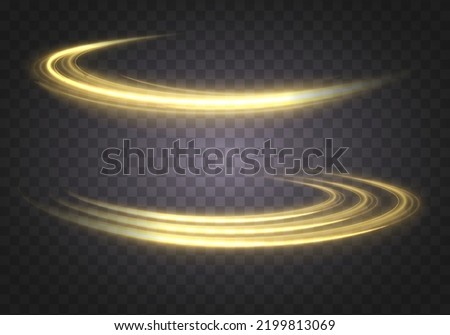 Golden glowing shiny spiral lines effect. Curved yellow line light. Glittering wavy trail. Swirling glow dynamic neon circles. Rotating shining rings. Shine magic gold swirl with flare sparkles Vector Foto stock © 