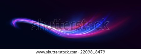 High speed effect motion blur night lights blue and red. Futuristic neon light line trails. bright sparkling background. Purple glowing wave swirl, impulse cable lines. Long time exposure. Vector