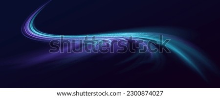 Acceleration speed motion on night road. Bright sparkling background. Panoramic high speed technology concept, light abstract background. Vector illustration.	