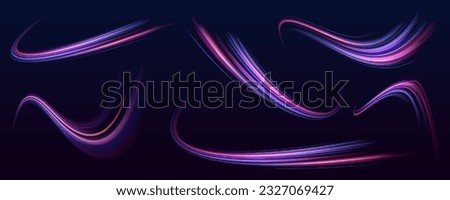 Big data traffic visualization, dynamic high speed data streaming traffic. Neon color glowing lines background, high-speed light trails effect. Purple glowing wave swirl, impulse cable lines.	