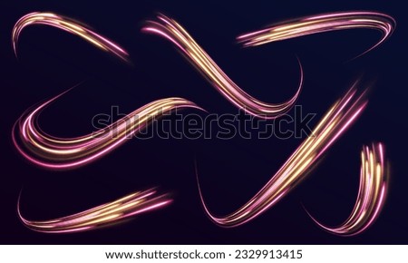 Lines in the shape of a comet against a dark background. Vortex streams of neon light. Magic of moving fast lines. Laser beams, horizontal light rays. Vector.	