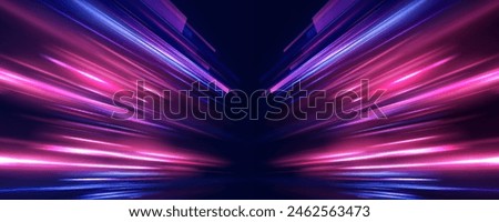 Trendy geometric neon collage for speed movement. Acceleration speed motion on night road. Light and stripes moving fast over dark background.	