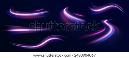 Lines in the shape of a comet against a dark background. Vortex streams of neon light. Magic of moving fast lines. Laser beams, horizontal light rays. Vector.	