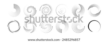 Dot circle pattern. Concentric vortex circles, circular ripple lines design. PNG. Dynamic abstract black spiral. White round dotted frames set isolated on black background.	