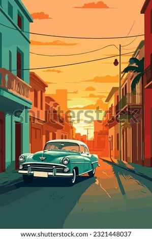 Cuba Havana city urban landscape in the evening. Vector flat illustration.