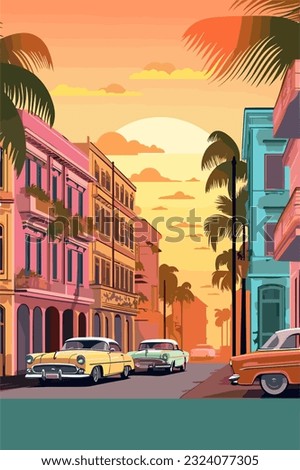 Cuba city urban landscape in the evening. Vector flat illustration.