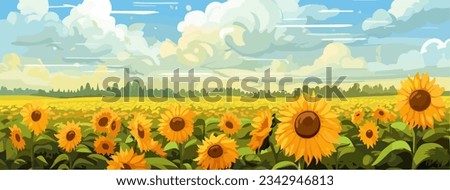 Sunflower field on beautifull hills panorama, sunny summer day landscape, vector illustration.
