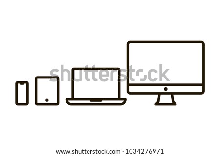 Set of outline devices icons: computer monitor, computer, laptop, phone, tablet. Line symbols isolated on white background. Vector illustration.
