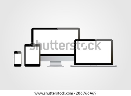 Realistic computer monitor, computer, laptop, phone, tablet.  Vector illustration.