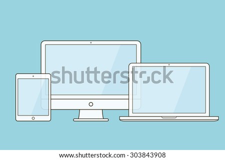 Outline device mockups. Computer monitor, computer, laptop, tablet . Vector illustration.