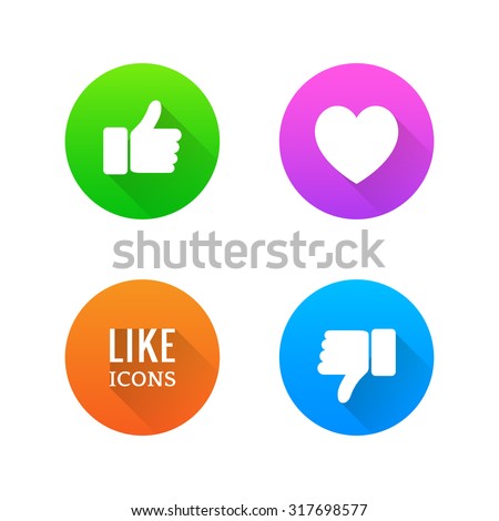 Like, dislike, heart icons with long shadow. Vector illustration.