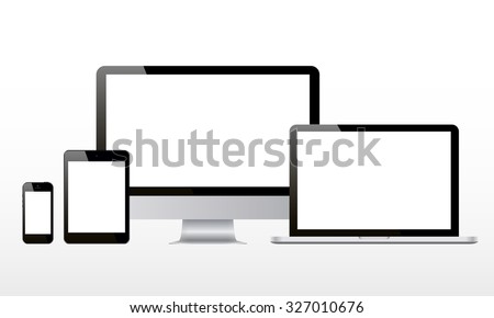 Set of realistic computer monitor, computer, laptop, phone, tablet isolated on white background. Vector illustration.