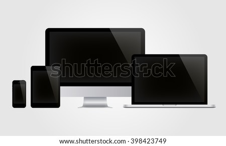 Device mockup template. Set of realistic computer monitor, computer, laptop, phone, tablet isolated on white background. Vector illustration.