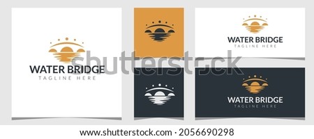 Water bridge modern logo design vector illustration - bridge with sunset time with water 