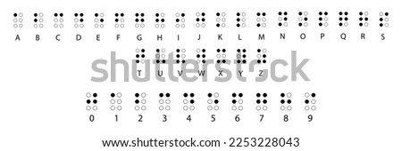 Braille alphabet letters and Braille number in a row. Braille is a tactile writing system used by blind or visually impaired people. Vector illustration in black and white