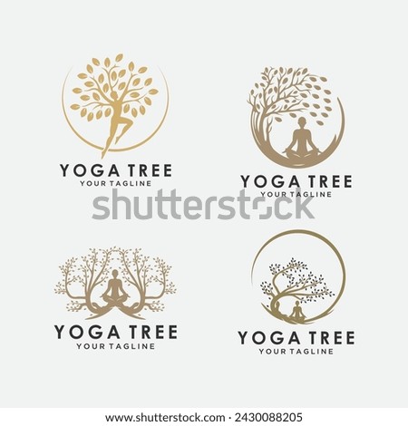 set Vector yoga logo concept. tree position insignia design. Wellness center illustration. Girl with leaves on white background