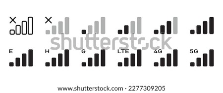 Signal reception band collection of vector illustrations. Cell phone connection level icons. No signal, bad, lte, 4g and 5g network status. 