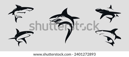 Black shark icons. Set. Vector on gray background