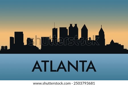 Atlanta. The city skyline. Silhouettes of buildings. The sunset of the day. Vector on a blue background