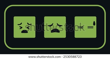 Three square green sad emoji in a frame. Vector on a black background