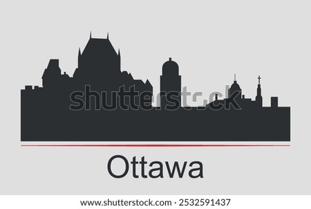 Black silhouette of Ottawa city skyline, Canada, emphasized by red line with text. Vector on a gray background