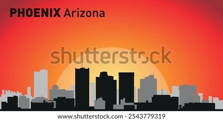 Phoenix city skyline with silhouettes of buildings against the backdrop of a large yellow sun and orange sky. Vector on the background of sunset