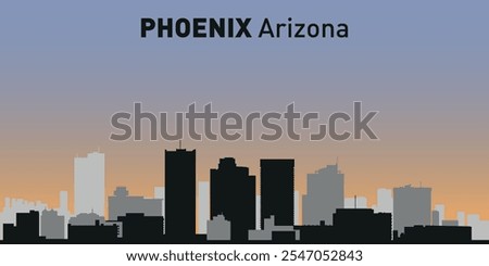 Black and white silhouettes of buildings on Phoenix skyline. Vector on a colored background.