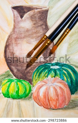 Paint brushes and watercolors painting on the background. Original artistic painting of still life on the background.
