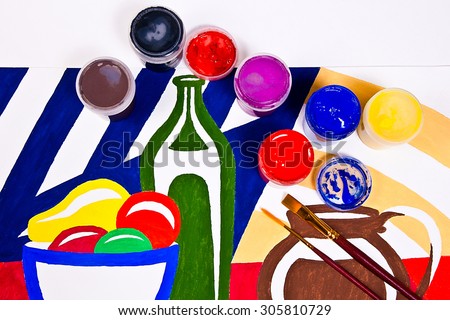 Bottles with gouache paints and different kinds of brushes for artistic paintings.Original artistic painting of still life on the background.