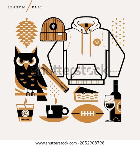 Creative abstract vector illustration fall season. Geometric shapes concept. Line tea coffee pie cinnamon spice hoodie beanie hat sweatshirt pine cone autumn football candle wine owl chocolate outline