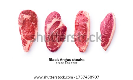 Creative flat lay with black angus prime beef steak variety isolated on white background with copy space. Steak types
