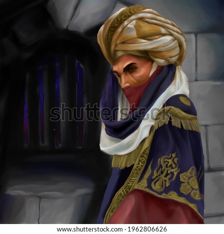 this is a fantasy painting of a hero in a turban. The dark nuance of this image is very suitable for use as a background or decorative image