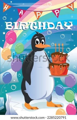 Cartoon wishing card for happy birthday, celebrating hollidays with Penguin holding cake, rainbow and balloons on ice land, vector illustration