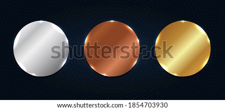 Set of abstract copper, silver, gold shiny metallic circle label or badges with particles elements on dark blue background. Vector illustration