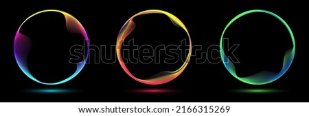 Set of glowing neon color circles round curve shape with wavy dynamic lines isolated on black background technology concept. Circular light frame border. You can use for badges, price tag, label Foto d'archivio © 