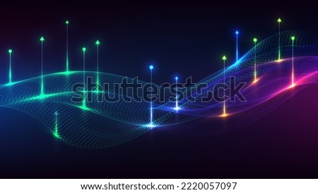 Abstract modern technology digital futuristic concept dynamic mesh blue wave lines with arrows lines and lighting effect on dark background. You can use for tech cyberspace, high tech, big data.