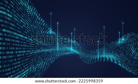 Abstract modern technology digital futuristic big data concept blue squares pixel dynamic pattern elements distort with arrows lines lighting effect on dark background. You can use for tech cyberspace