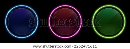 Set of blue, red, green glowing neon color light circles round curve shape isolated on black background technology concept. Circular light frame border. You can use for badges, price tag, label