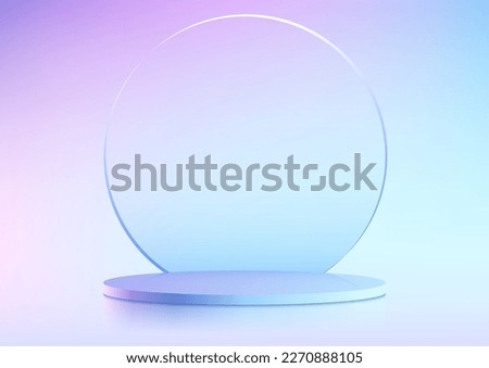 3D realistic blue and pink gradient empty podium platform product display with circle glass backdrop minimal wall scene background. You can use for cosmetic mockup presentation, promotion sale