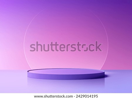 3D purple podium with clear glass circle backdrop on pink background. Product mockup display. Vector illustration