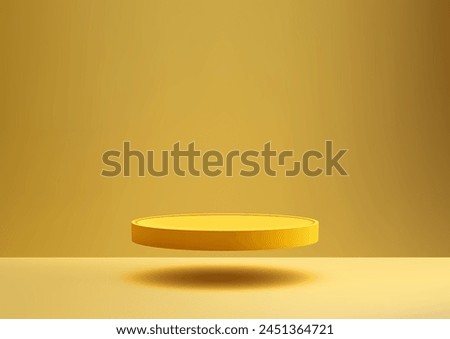 3D bright yellow circle podium floats in the center of a yellow background, Product display, Mockup, Showcase presentation. Vector illustration