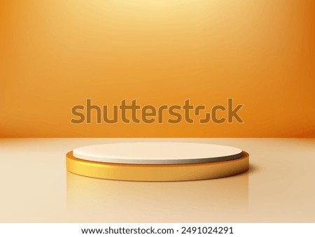 3D Golden and White Podium: Circular Platform on White Floor with Orange Background for Luxury Product Display