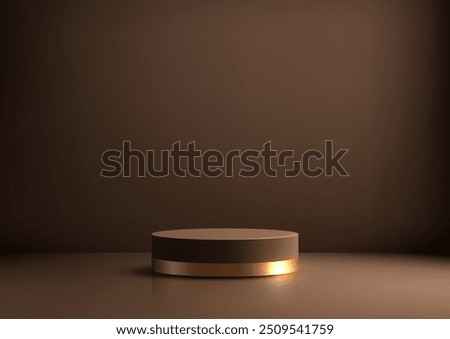 Luxury 3D Circular Brown Podium with Gold Band Against Dark Background, Elegant Mockup Design for Product Display, Showcase Scene for Showroom, Presentation