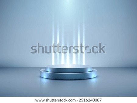 Futuristic 3D Metallic Blue Podium with Bright Blue Spotlights, Perfect for Technology Concept, Product Display, Mockup, Showroom Showcase, and Modern Design Scene